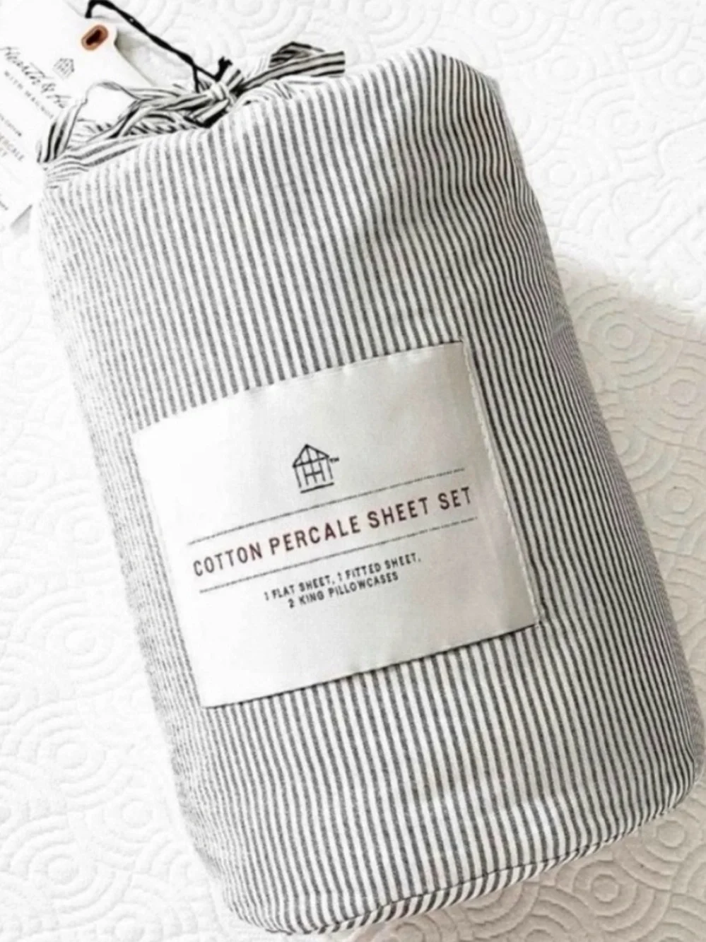 SOLD ON E* Hearth & Hand White and Gray Pinstripe Cotton Percale Sheet Set
